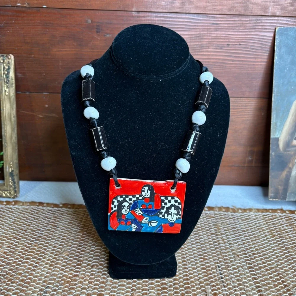 Eclectic Artist Signed Large Rectangular Ceramic Beaded Necklace
